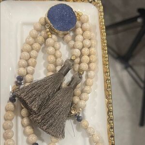 #28 Beige Stone Bead Necklace with Gray Tassels and Blue Druzy Accent